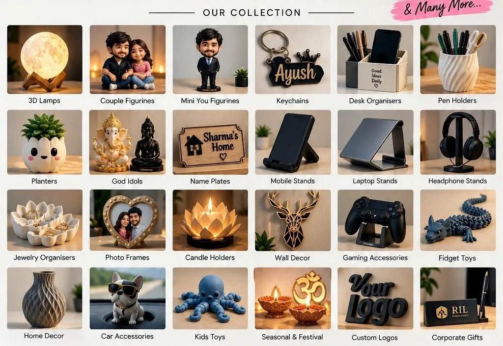 Layerora Store product collection including lamps, figurines, keychains, organisers, planters, idols, stands, decor, gaming accessories and custom gifts